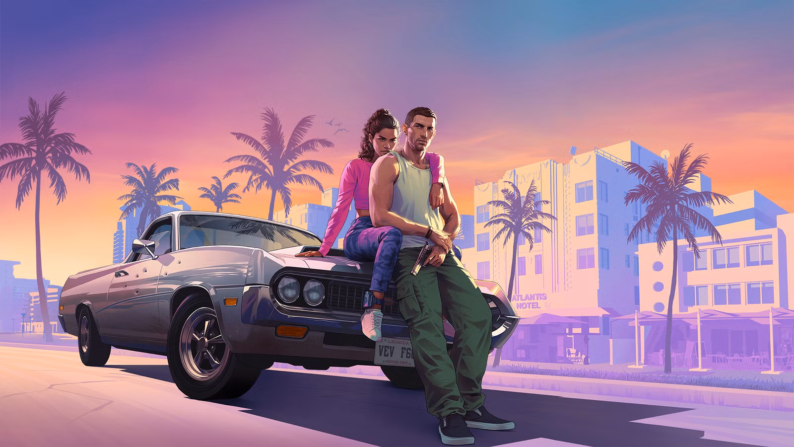 Jason and Lucia sitting on a car in Vice City